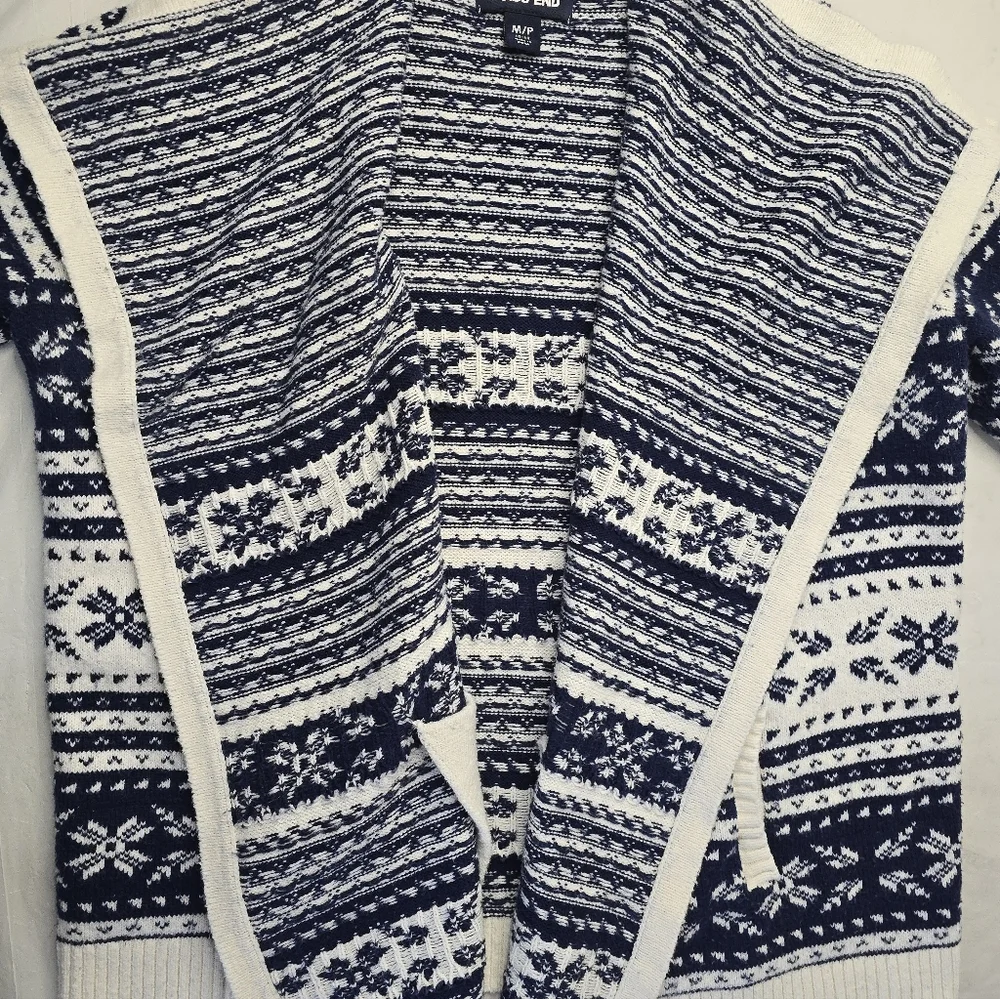 Lands' End Fair Isle Sweater Open Cardigan Navy Ivory Nordic Print Cabincore M - Picture 7 of 13
